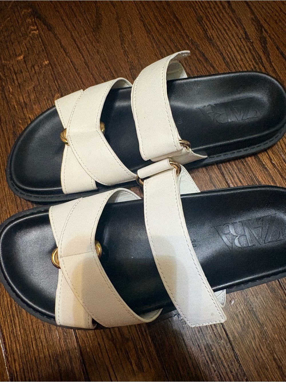 Zara Cream Double-Strap Slide Sandals with Gold Buckle